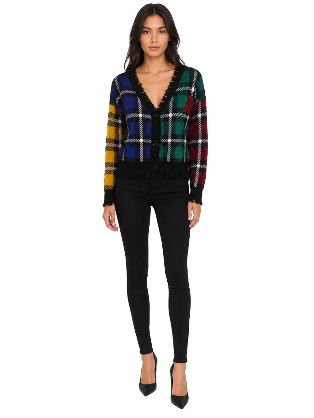 Runway M Plaid Patchwork Distressed Cardigan Varsity A Y2K Grunge Preppy